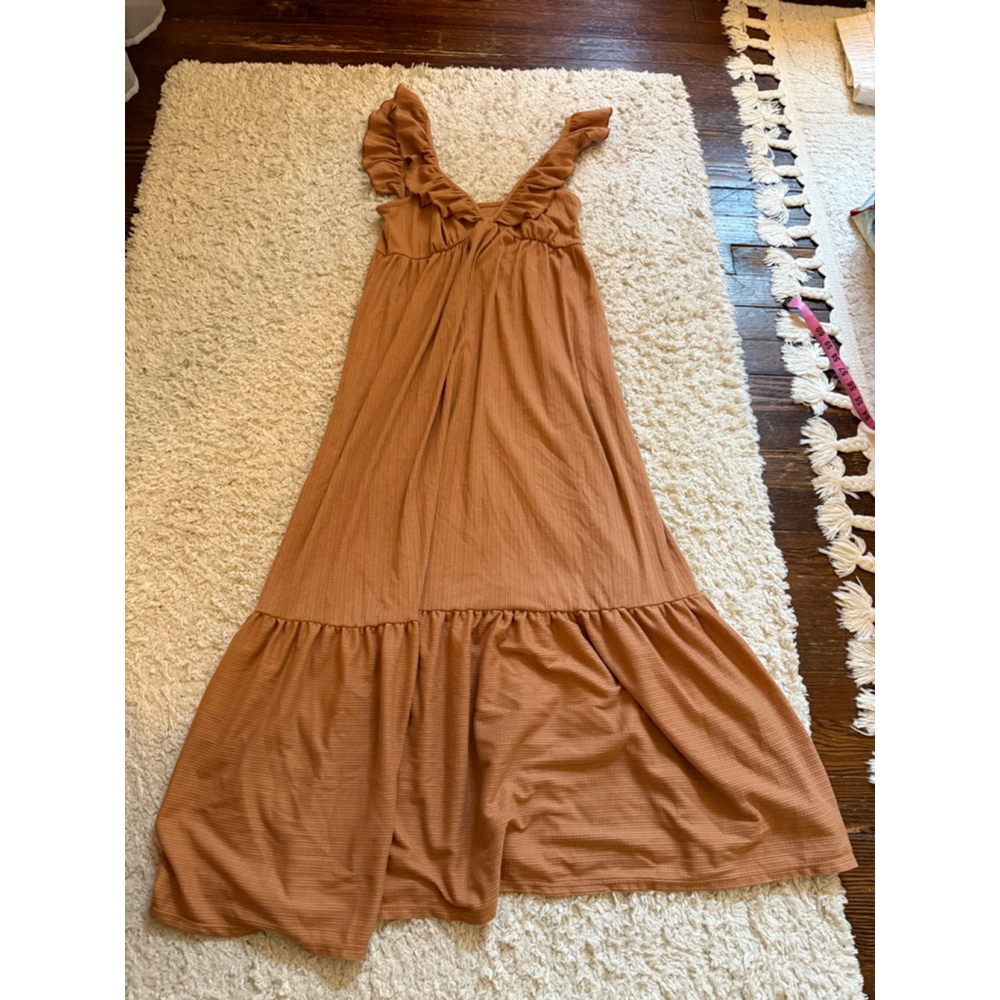 Caution To The Wind Rust Brown Ruffled Maxi Dress